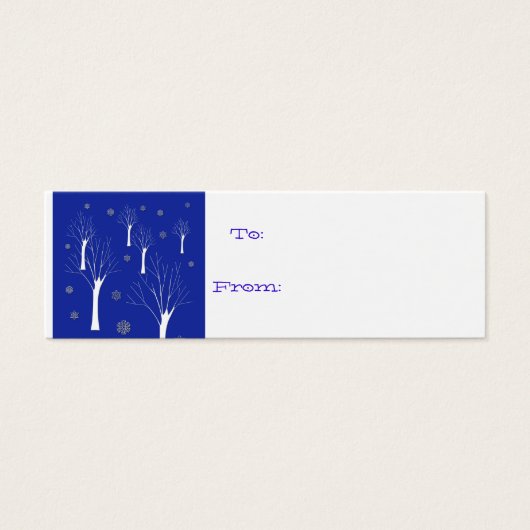 witte bomen op blauwe label mini visitekaartjes (Voorkant)