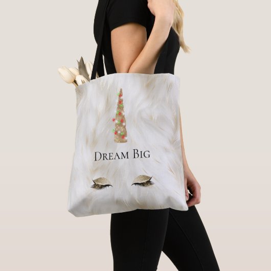 Witte Bont Gouden Sparkle Glam Eenhoorn Lichten Tote Bag (Dichtbij)