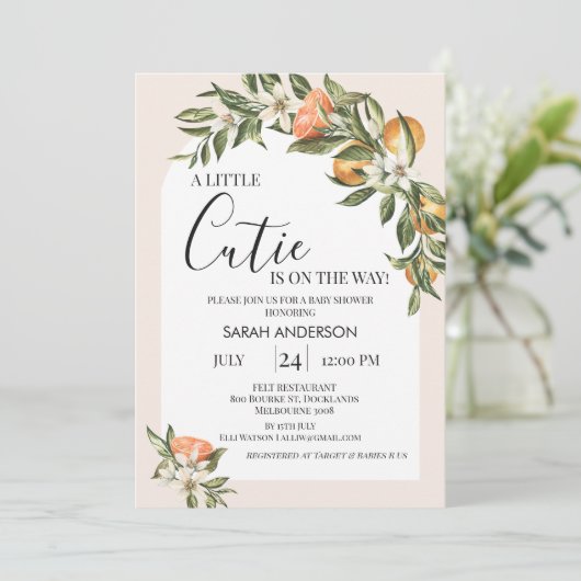 Witte boog Clementine kleine cutie Baby shower Kaart (Staand voorkant)