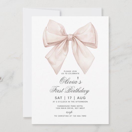 Witte boog eerste verjaardag uitnodiging (Voorkant)