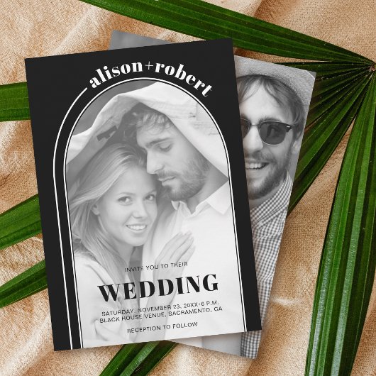 Witte boog en foto zwart minimalistische bruiloft kaart