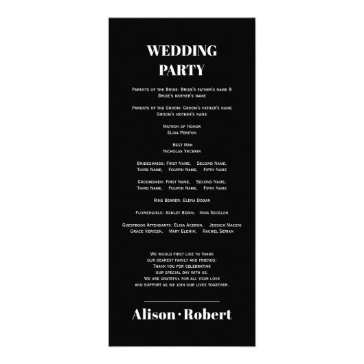 Witte boog en typografie zwart bruiloft programma (Achterkant)