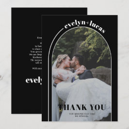 Witte boog en typografie zwart foto bruiloft bedankkaart