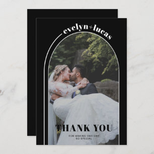 Witte boog en typografie zwart foto bruiloft bedankkaart