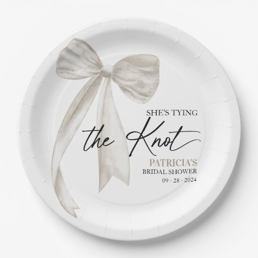 Witte Boog Ze Knoopt de Knoop Bruidsfeest Papieren Bordje (Voorkant)