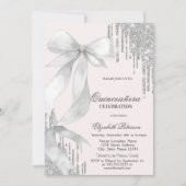 Witte Boog Zilveren Glitterdruppels Quinceañera Kaart (Voorkant)