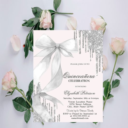 Witte Boog Zilveren Glitterdruppels Quinceañera Kaart