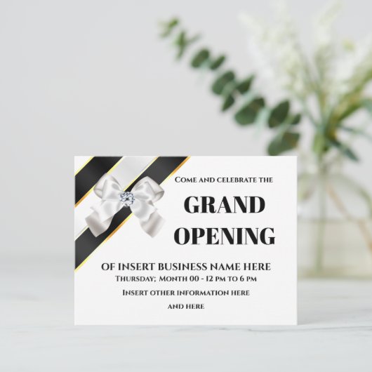 Witte boog zwarte lintlintopening VIP-gasten Aankondigingskaart (Staand voorkant)