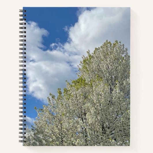 Witte Boom Blauwe Lucht Wolken Foto Notitieboek (Voorkant)