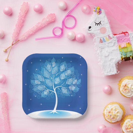 Witte boom in de sneeuw papieren bordje (Feest)