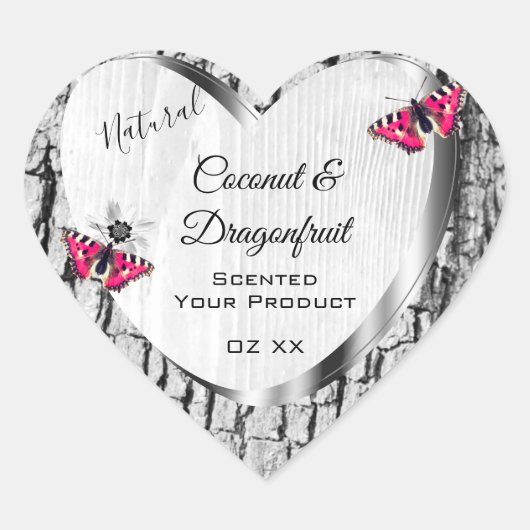 Witte boomschors met roze vlinderlabels hart sticker (Voorkant)