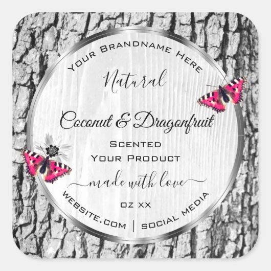 Witte boomschors met roze vlinderlabels vierkante sticker (Voorkant)