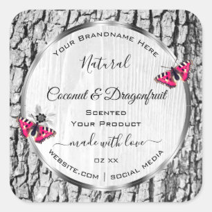 Witte boomschors met roze vlinderlabels vierkante sticker