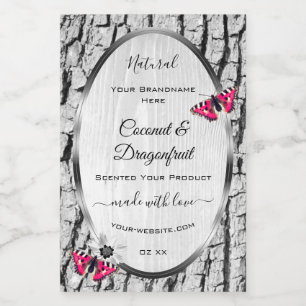 Witte boomschors met roze vlinderlabels voedselcontainer etiket
