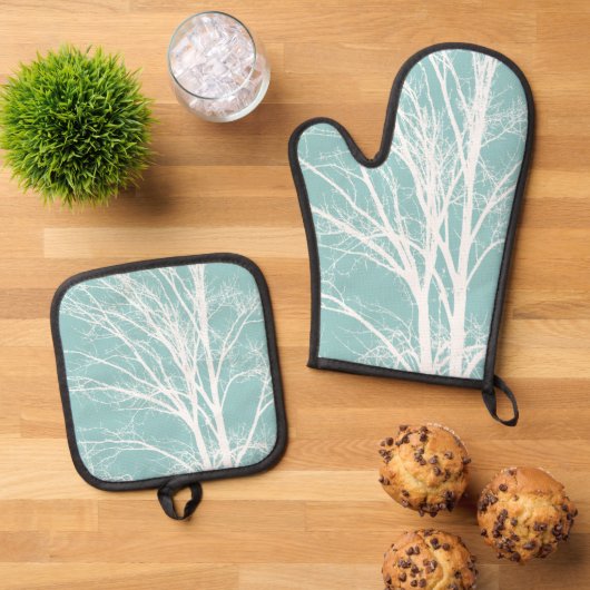 Witte boomtakken ovenwant & pannenlap set (Top down)