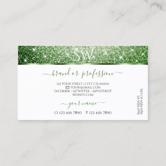 Witte bosgroene glitter Sparkle Stars Initialen Visitekaartje (Achterkant)