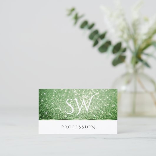 Witte bosgroene glitter Sparkle Stars Initialen Visitekaartje (Staand voorkant)
