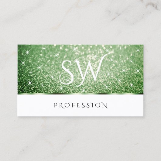 Witte bosgroene glitter Sparkle Stars Initialen Visitekaartje (Voorkant)