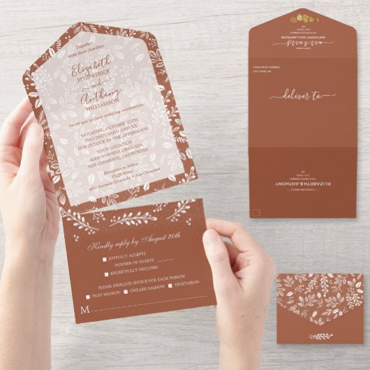 Witte botanica Geen Envelopes Terracotta Wedding All In One Uitnodiging