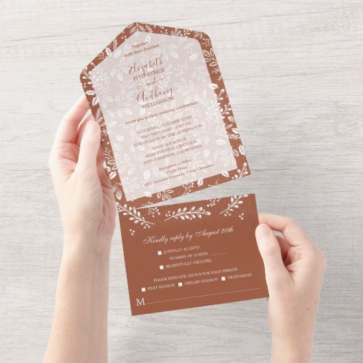 Witte botanica Geen Envelopes Terracotta Wedding All In One Uitnodiging (Afscheurbaar)