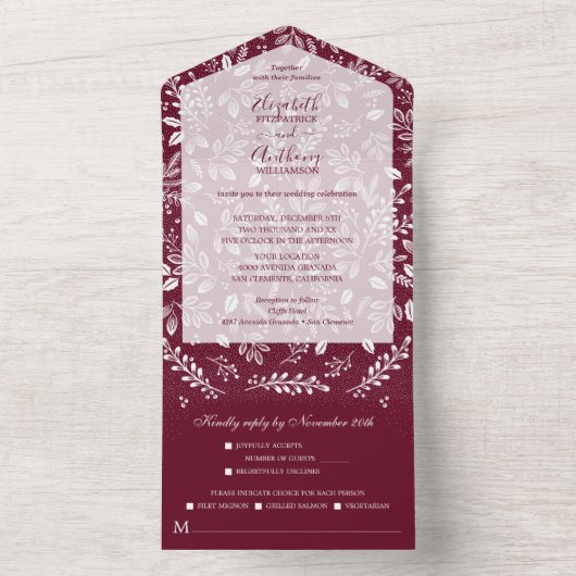 Witte Botanicals op Bourgondische bruiloft All In One Uitnodiging (Binnen)