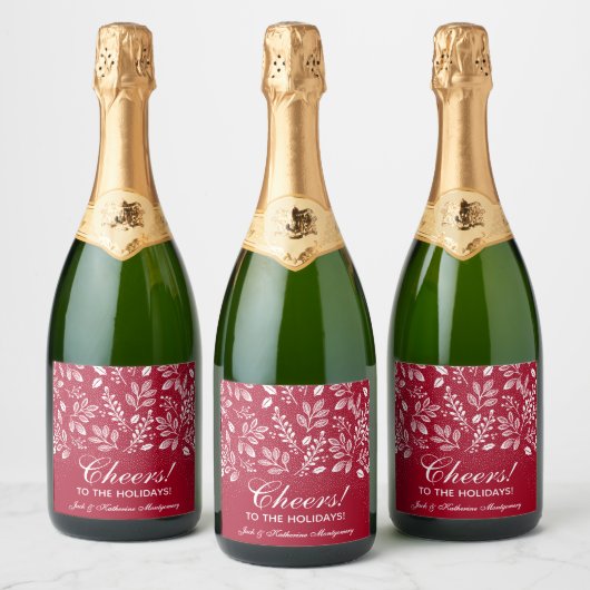 Witte botanicals op Cranberry Kerstmis Sparkling Wijnetiket (Flessen)