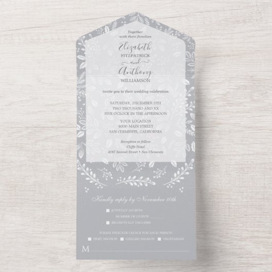 Witte Botanicals op een grijze bruiloft All In One Uitnodiging (Binnen)