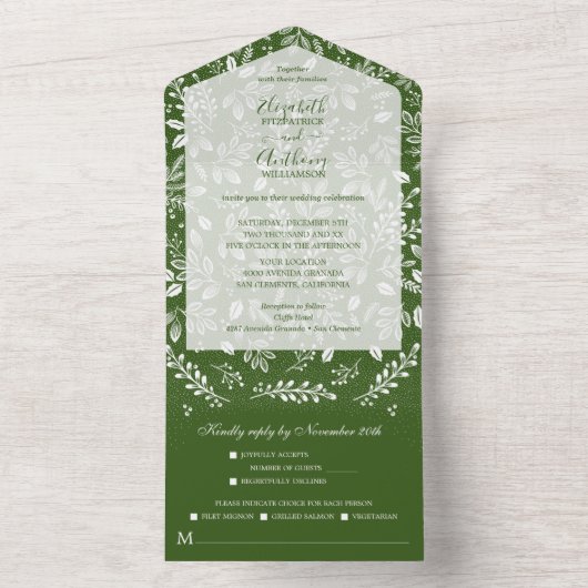 Witte Botanicals op Groene Bruiloft All In One Uitnodiging (Binnen)