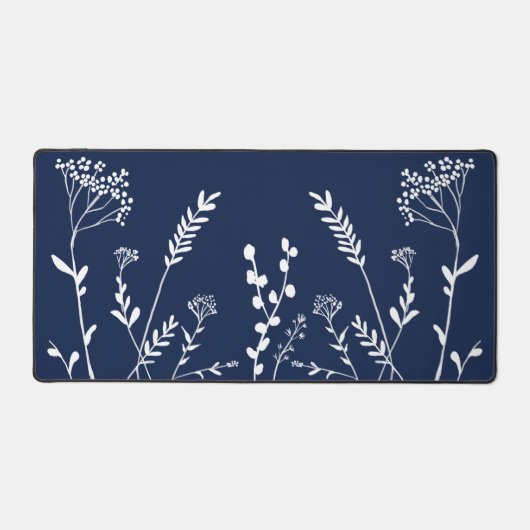 Witte botanicals op marineblauw bureaumat (Voorkant)