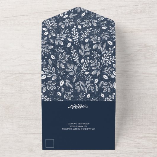 Witte Botanicals op Navy Blue All In One Uitnodiging (Buitenkant)