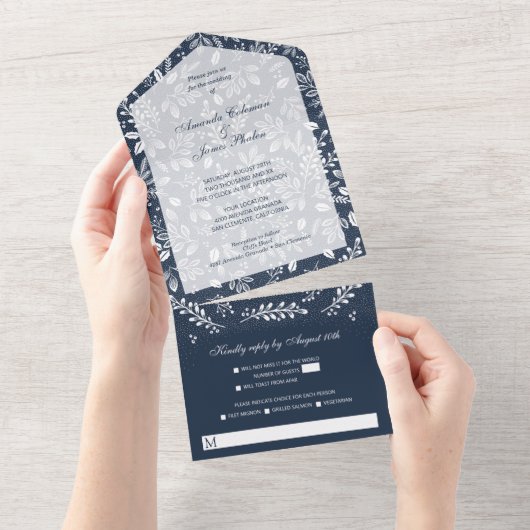 Witte Botanicals op Navy Blue All In One Uitnodiging (Afscheurbaar)