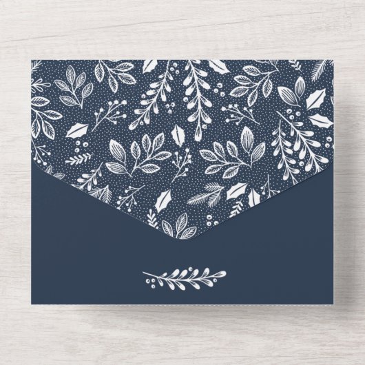 Witte Botanicals op Navy Blue All In One Uitnodiging (Achterkant)
