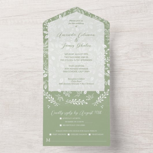 Witte botanicals op saliegroene trouwdag all in one uitnodiging (Binnen)