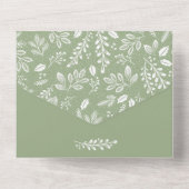 Witte botanicals op saliegroene trouwdag all in one uitnodiging (Achterkant)