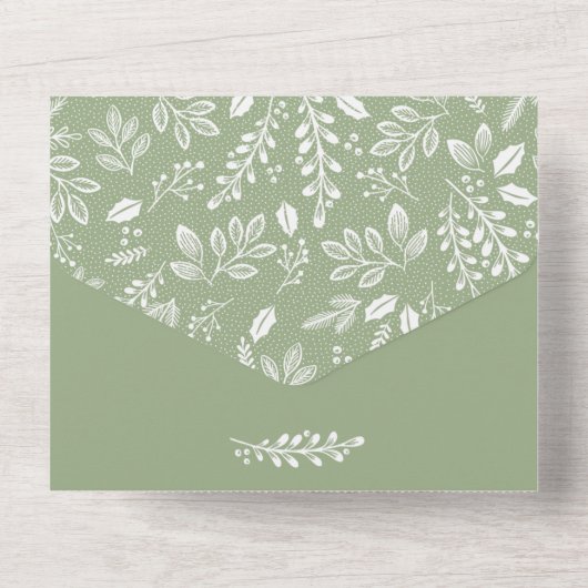 Witte botanicals op saliegroene trouwdag all in one uitnodiging (Achterkant)