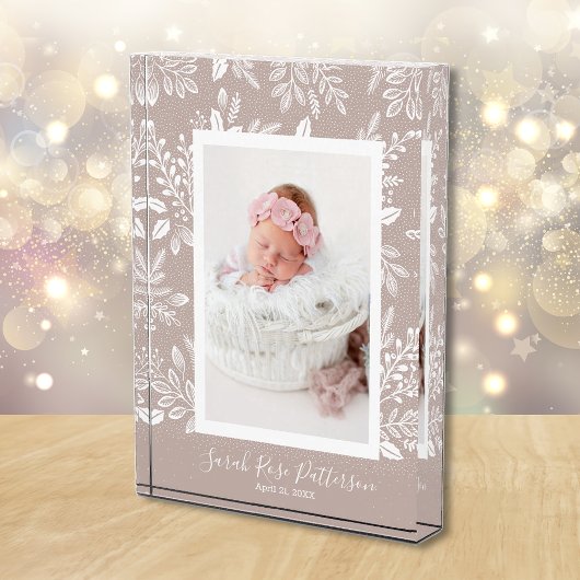 Witte Botanicals op Taupe Custom Name Fotoblokken