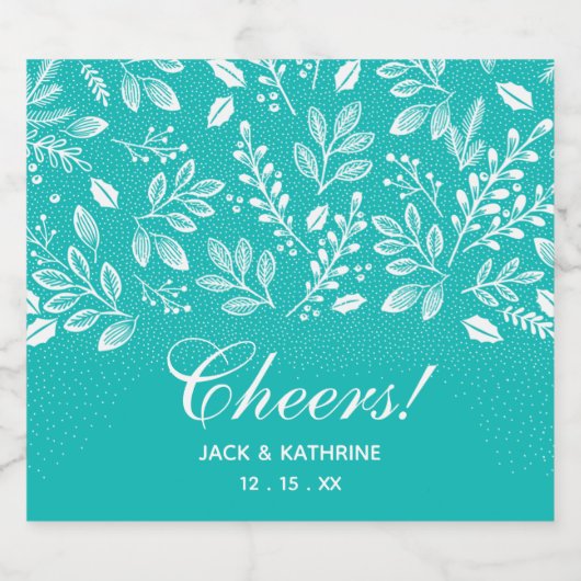 Witte Botanicals op Turquoise bruiloft Sparkling Wijnetiket (Enkel label)