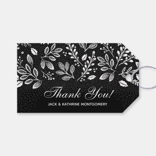 Witte botanicals op Zwarte Dank Je Cadeaulabel (Voorkant (Horizontaal))