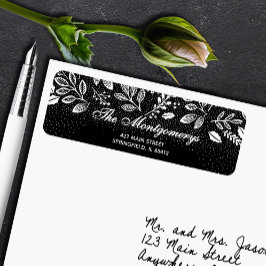 Witte botanicals op zwarte retouradreslabels etiket