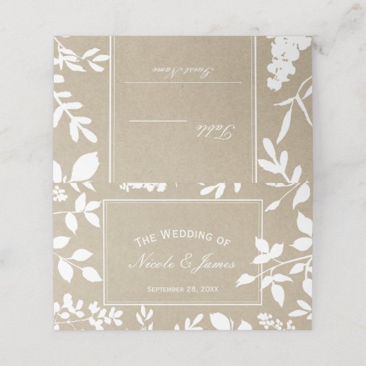 Witte Botanische Bladeren Eenvoudige Rustieke Trou Plaatskaartje (Buitenkant ongevouwen)