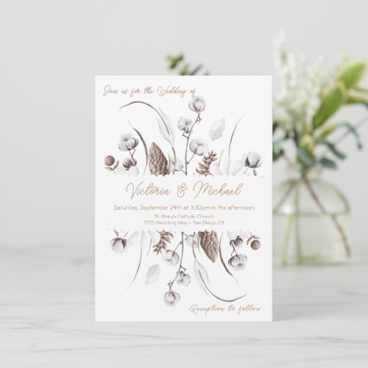 Witte botanische bloemencotton  Trouwkaarten Kaart (Staand voorkant)