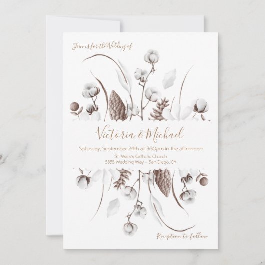 Witte Botanische bloemenkatoen Huwelijksuitnodigin Kaart (Voorkant)