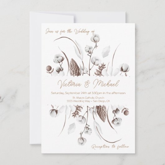 Witte Botanische bloemenkatoen Huwelijksuitnodigin Kaart (Voorkant)