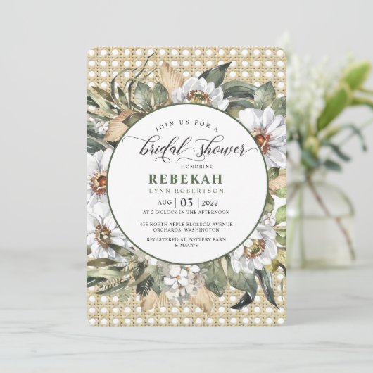 Witte Botanische Boheemse Bruidsdouche Uitnodiging (Staand voorkant)