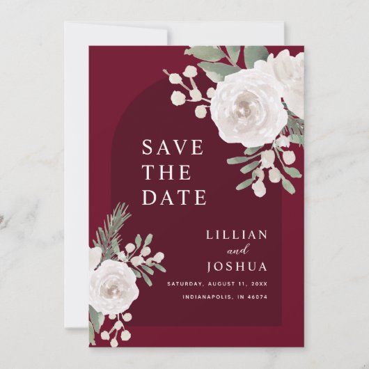 Witte Botanische Burgundy Trouw Save The Date (Voorkant)