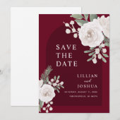 Witte Botanische Burgundy Trouw Save The Date (Voorkant / Achterkant)