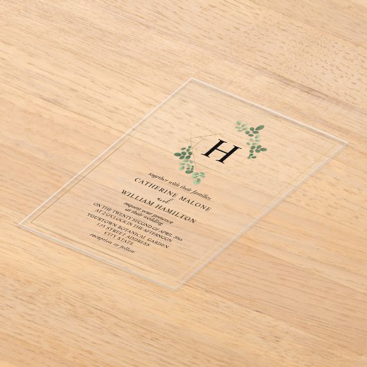 Witte Botanische Geometrische Monogram Bruiloft Acryl Uitnodigingen (Laagn)