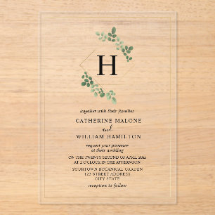Witte Botanische Geometrische Monogram Bruiloft Acryl Uitnodigingen