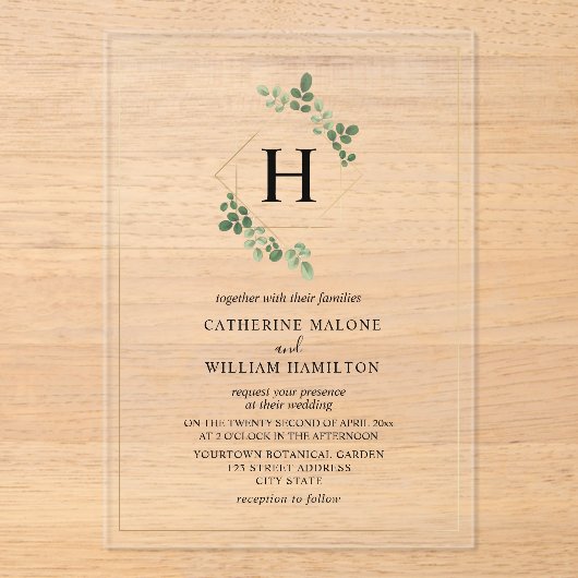 Witte Botanische Geometrische Monogram Bruiloft Acryl Uitnodigingen (Voorkant)