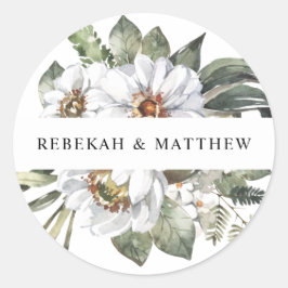 Witte Botanische gepersonaliseerde bruiloft Ronde Sticker